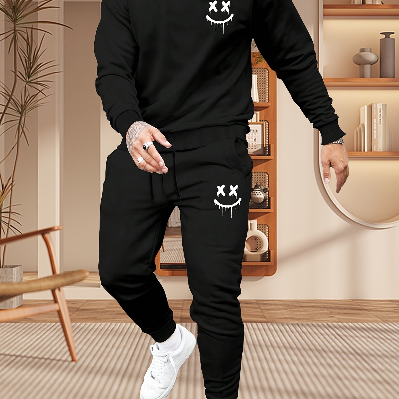 Conjunto de agasalho casual masculino de poliéster, 2 peças, moletom
