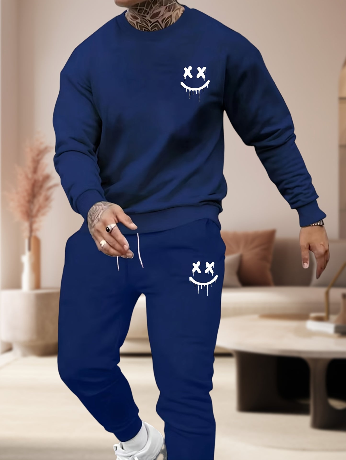 Conjunto de agasalho casual masculino de poliéster, 2 peças, moletom