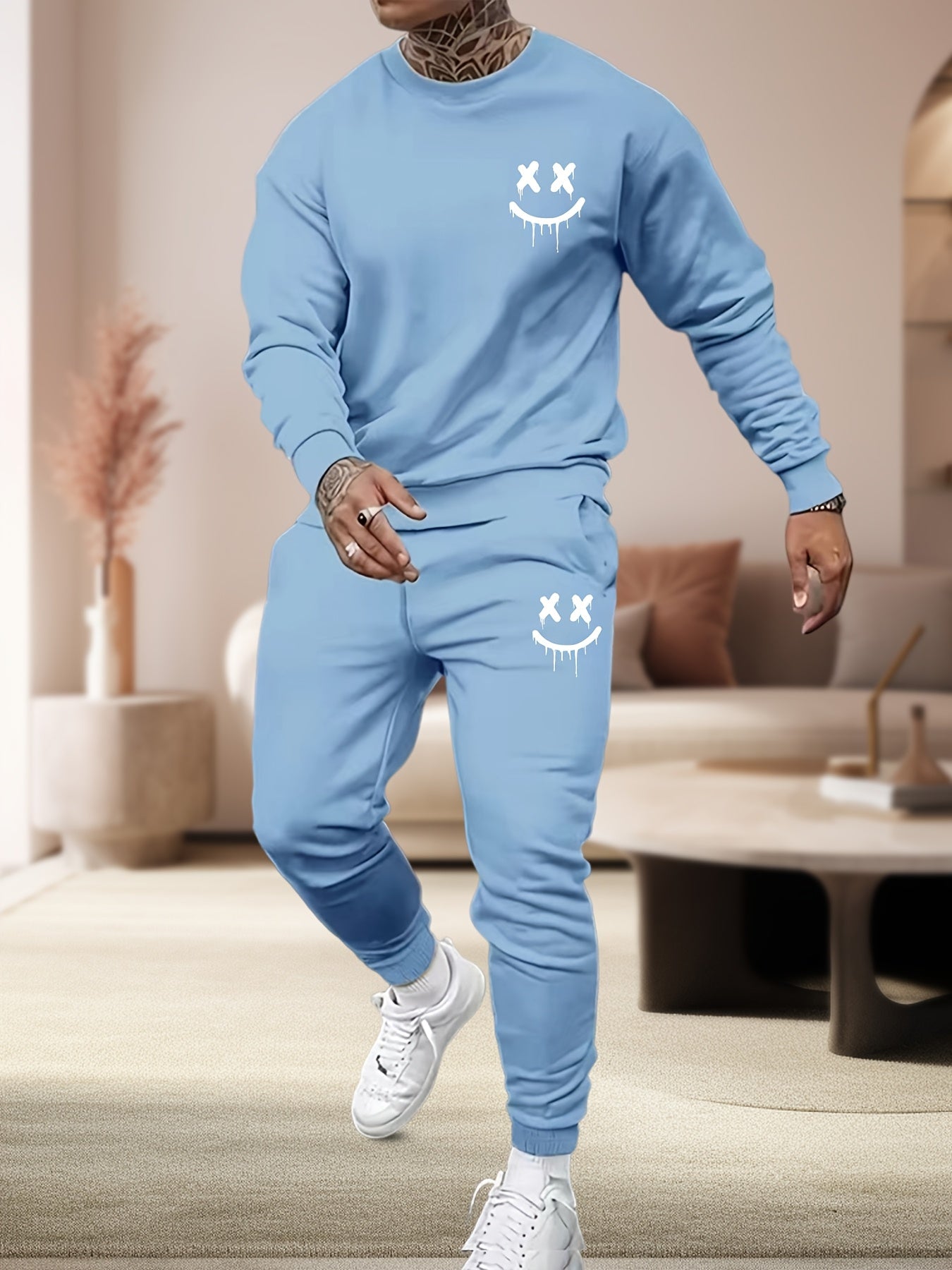 Conjunto de agasalho casual masculino de poliéster, 2 peças, moletom