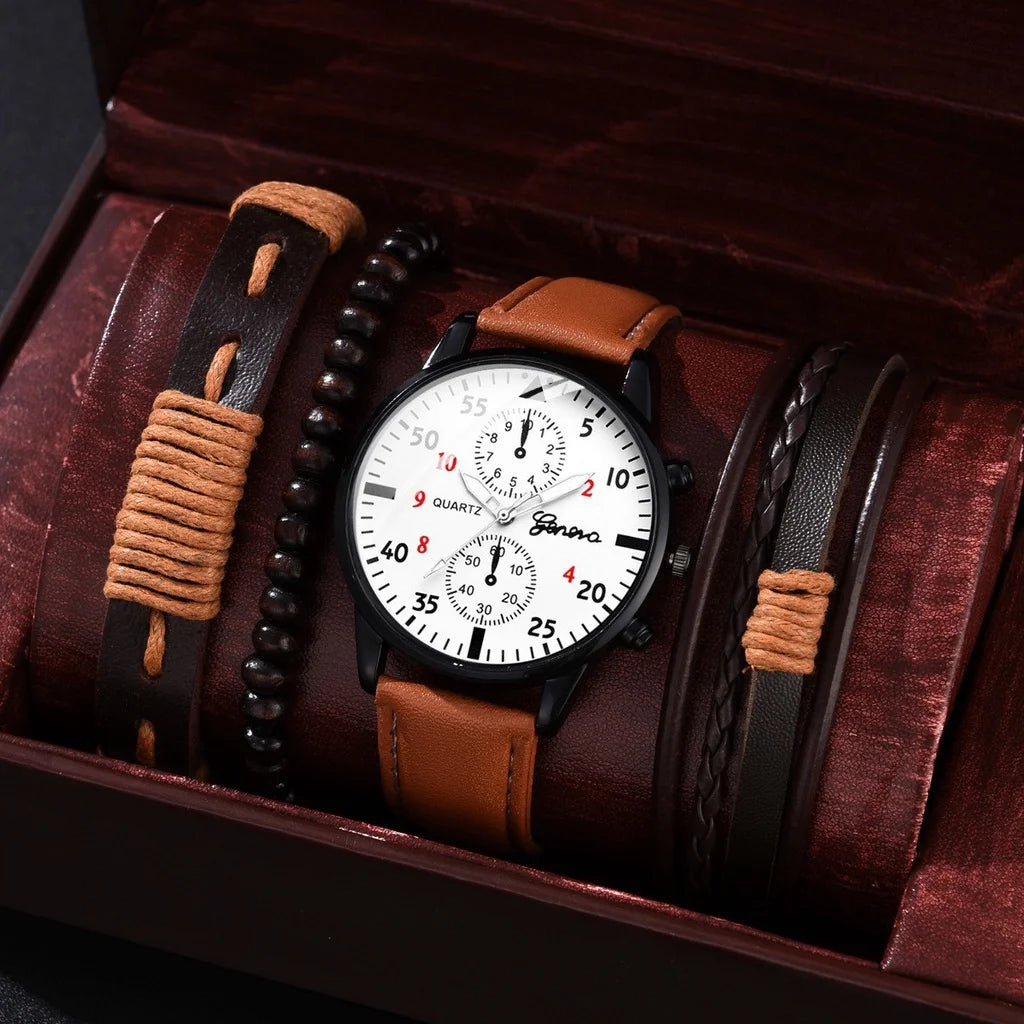 Conjunto de relógios masculinos Kegllect com pulseira casual de couro e relógios de quartzo