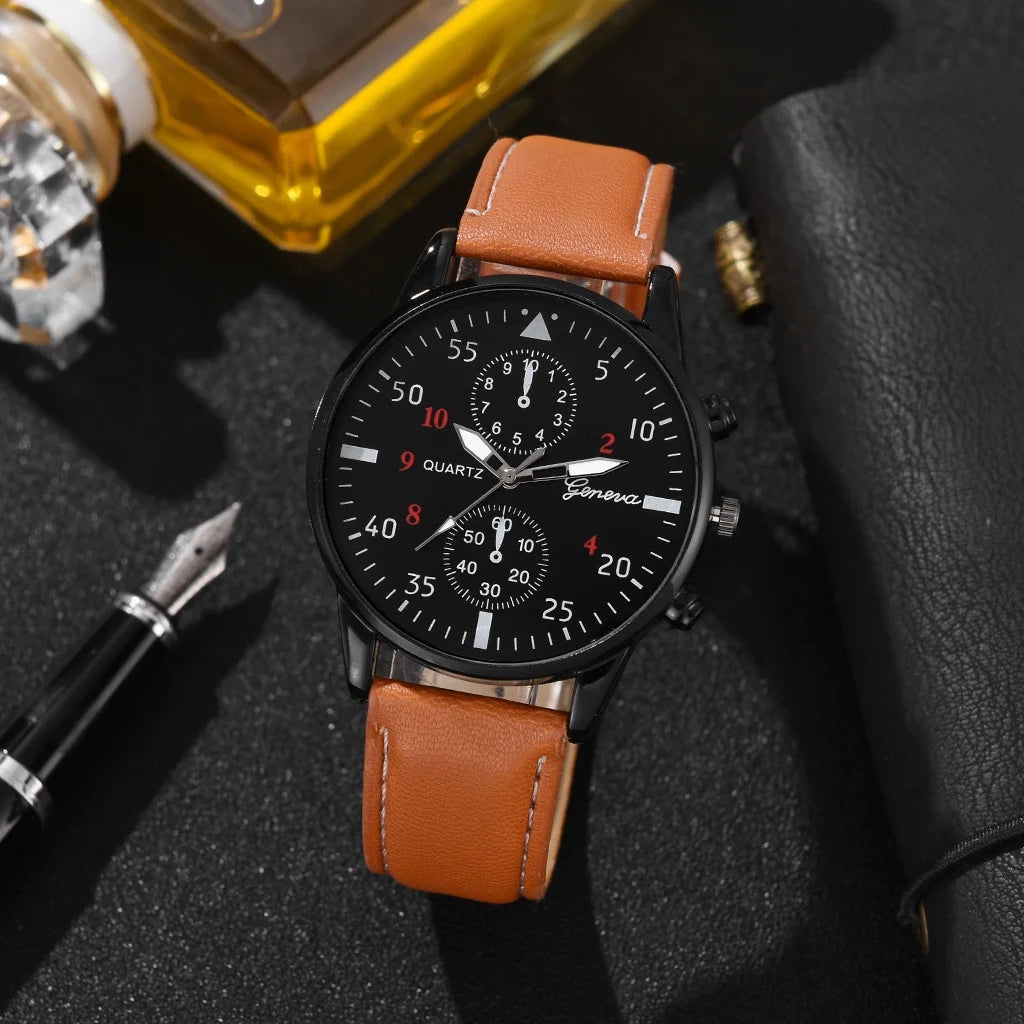 Conjunto de relógios masculinos Kegllect com pulseira casual de couro e relógios de quartzo