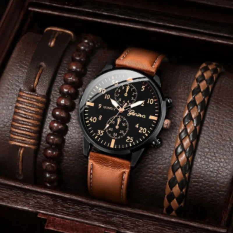 Conjunto de relógios masculinos Kegllect com pulseira casual de couro e relógios de quartzo