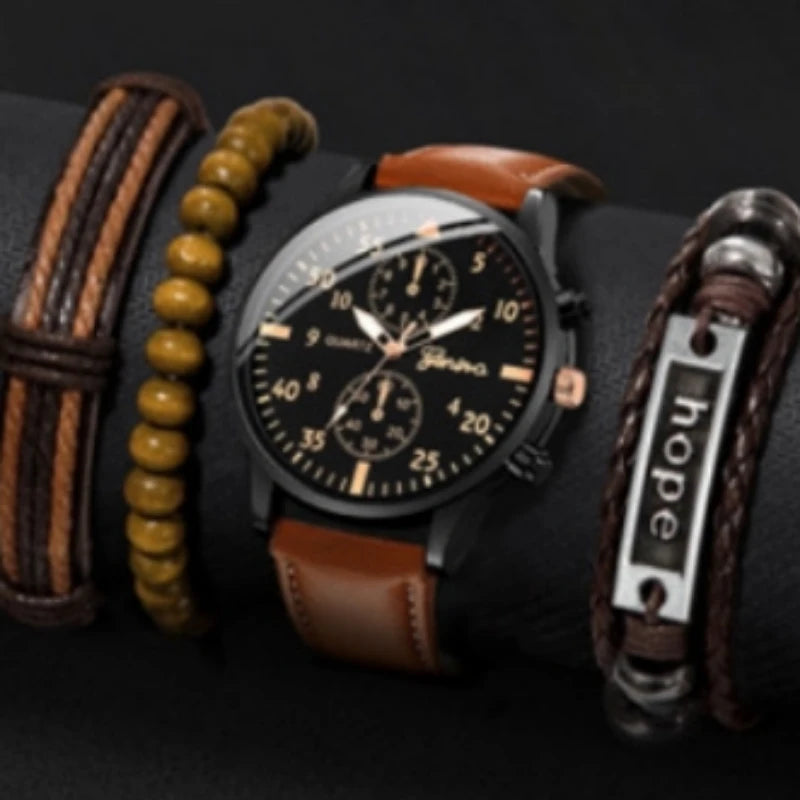Conjunto de relógios masculinos Kegllect com pulseira casual de couro e relógios de quartzo