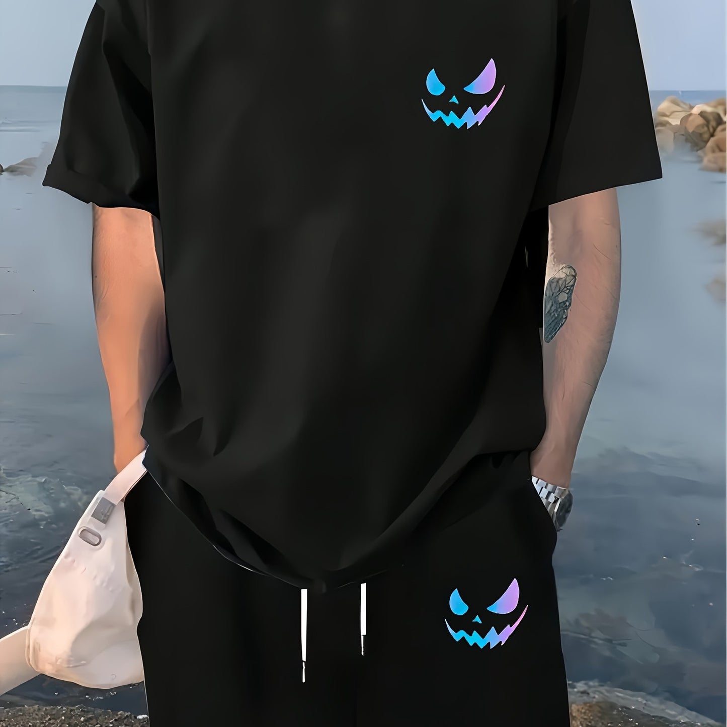 Conjunto masculino de 2 peças: camiseta estampada, shorts com cordão - poliéster