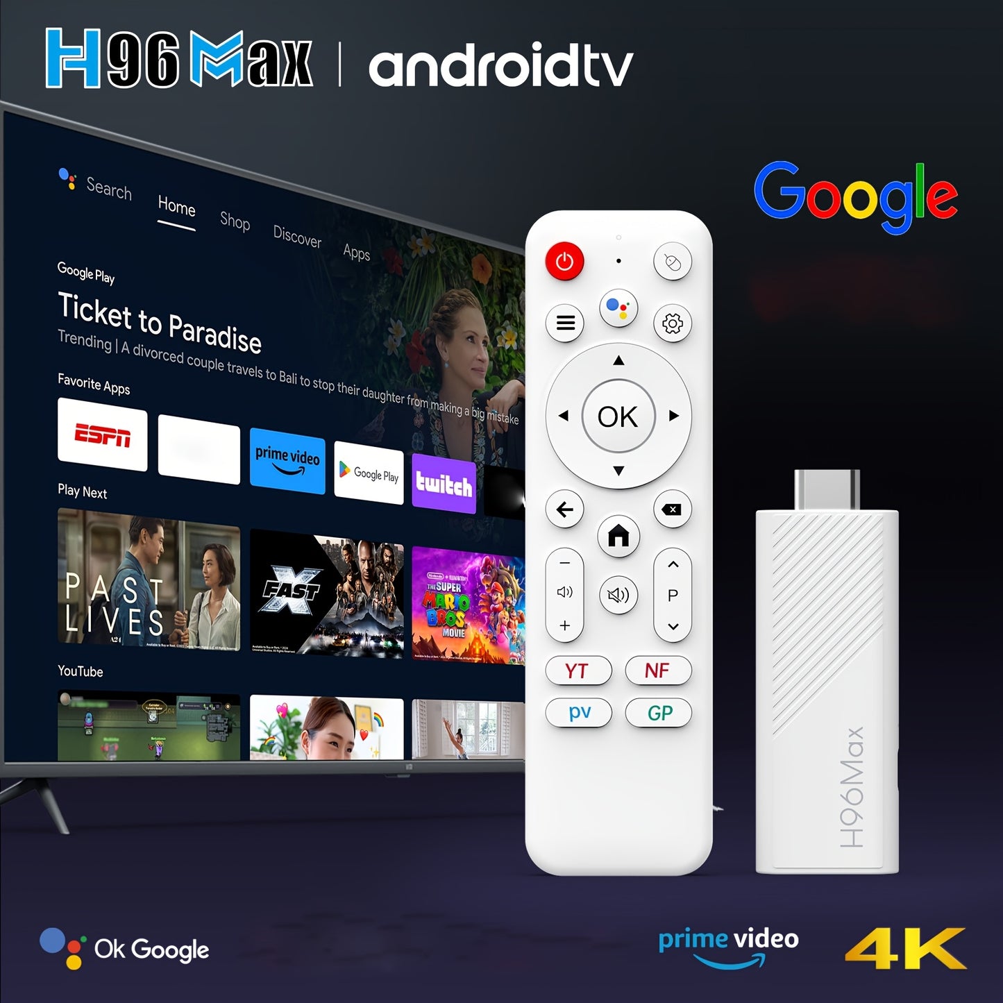 H96 MAX H313 Mini TV Stick Android 14 Quad Core Wifi6 BT5.04K@60fps ATV Launcher Google Assistant Media Player AI TV Stick