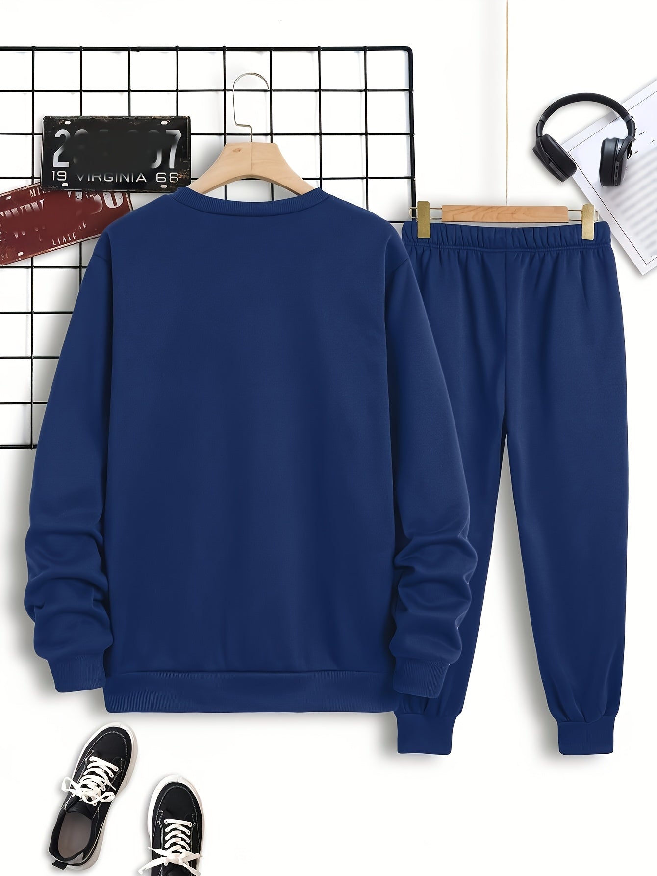 Conjunto de agasalho casual masculino de poliéster, 2 peças, moletom