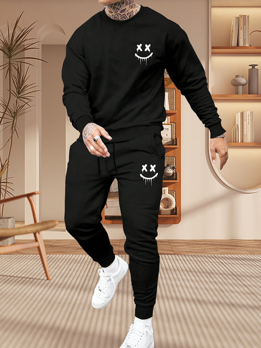 Conjunto de agasalho casual masculino de poliéster, 2 peças, moletom