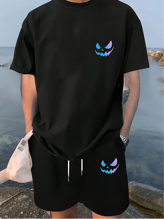 Conjunto masculino de 2 peças: camiseta estampada,  shorts com cordão - poliéster