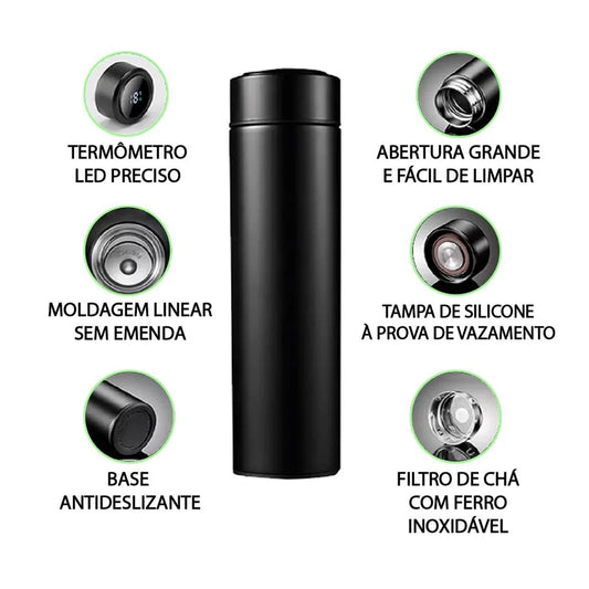 Garrafa Térmica Aço Inox Termômetro Display Digital Vácuo Squeeze Bebidas geladas e quentes