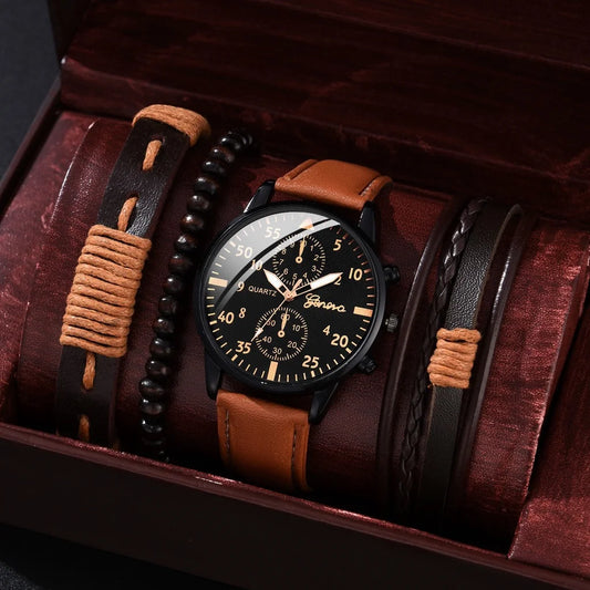 Conjunto de relógios masculinos Kegllect com pulseira casual de couro e relógios de quartzo