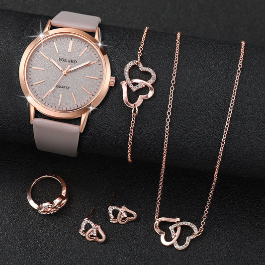 6 peças/conjunto Mulheres Pulseira de Couro Relógio de Quartzo e Amante
