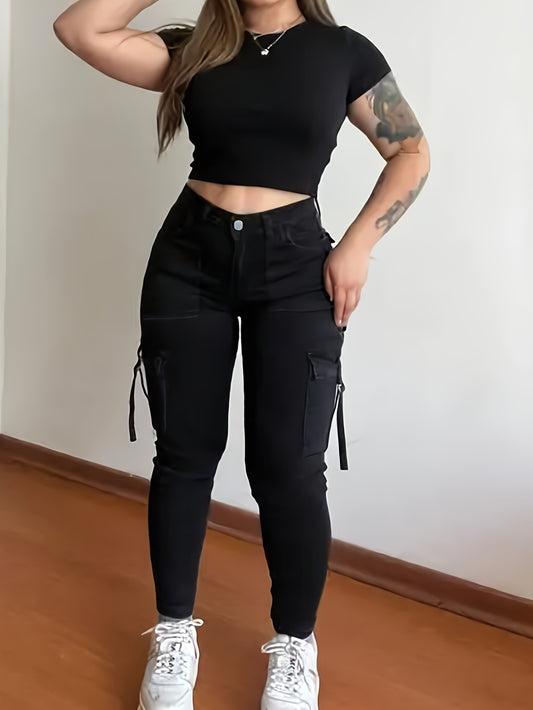 Calça cargo feminina jeans stretch slimming com vários bolsos