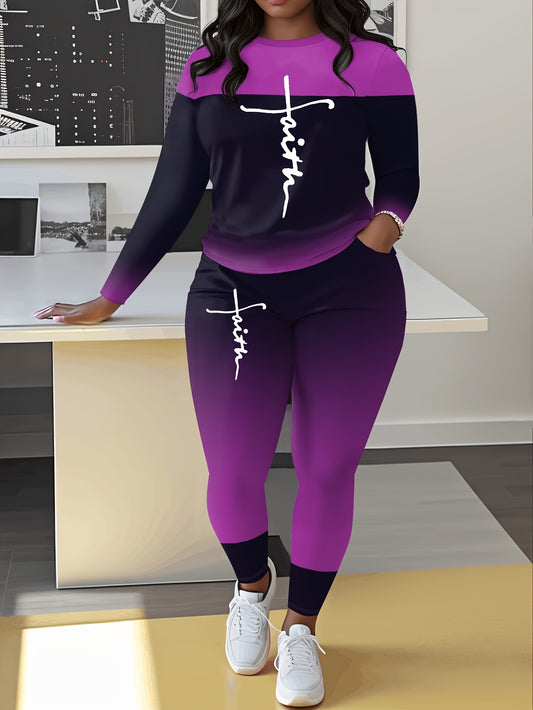 Conjunto de calças estampadas plus size casual Faith, blusa de manga comprida com gola